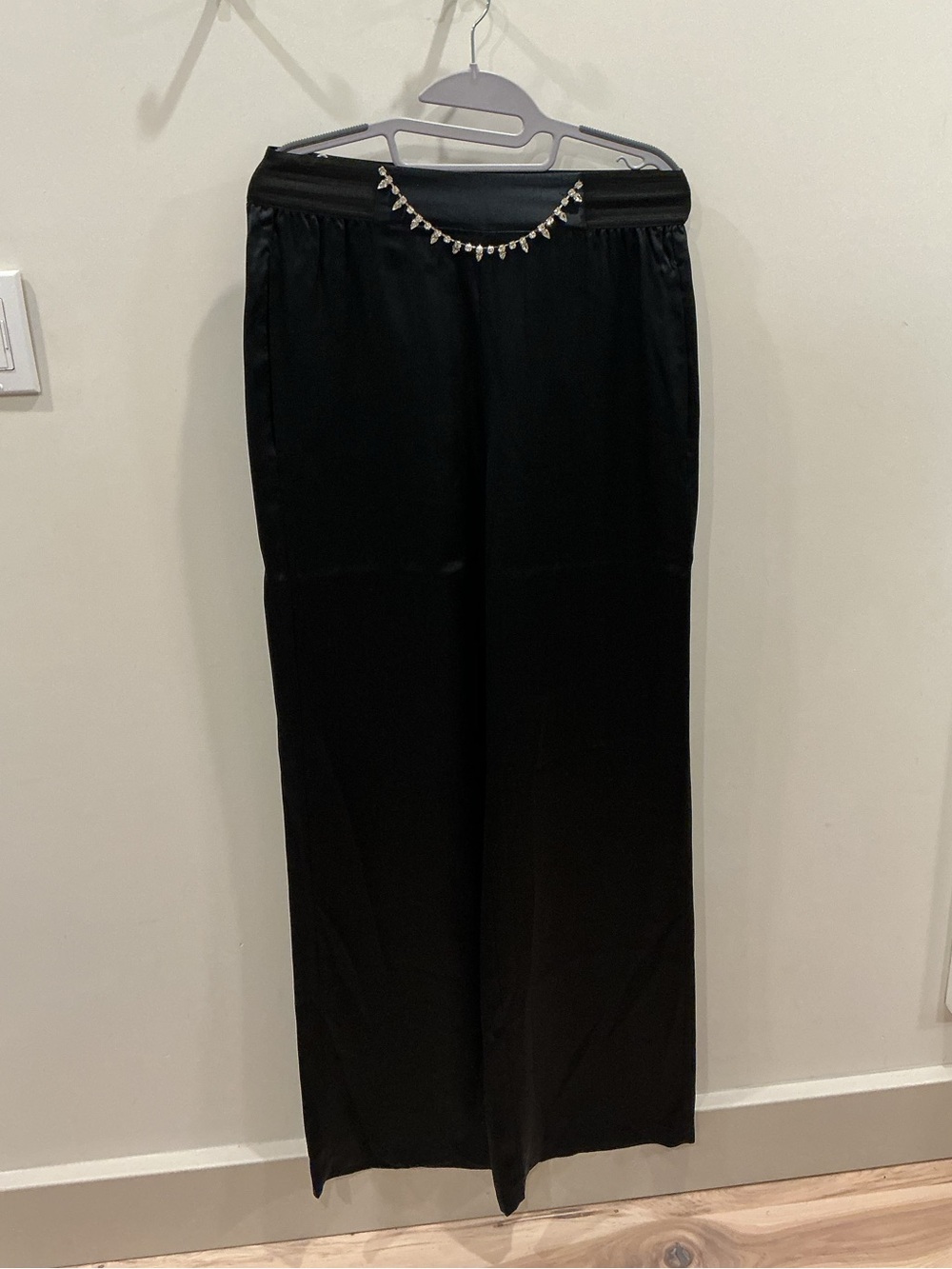 Cami NYC Black Wide-Leg Satin Pants with Beaded Waisttrim